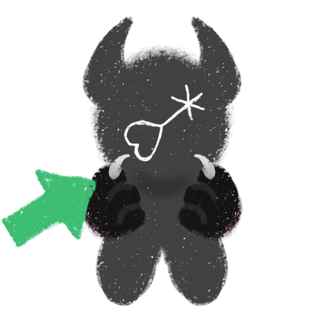 a simple drawing of a grey monster with a 'nonbinary' symbol made with a heart on its face, it has both paws pointing towards itself, a green arrow Is pointing at it.